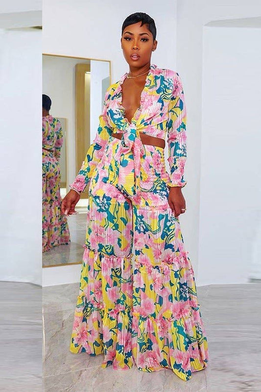 BOLD PRINTED WIDE-LEG PLEATED LACE LONG-SLEEVED SUIT “7even Curve “