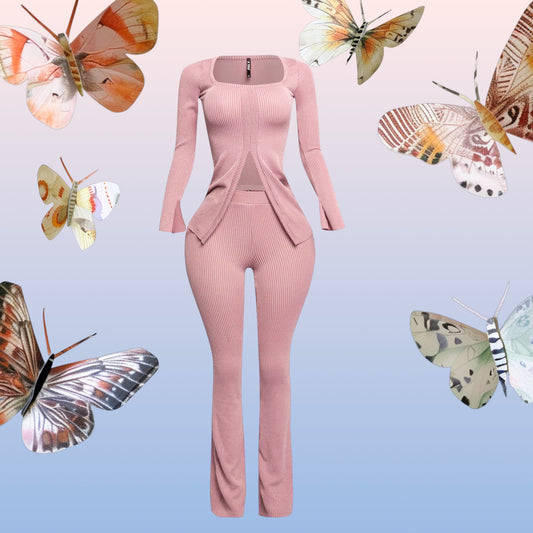 Ribbed pant set with slit detail “7even Curve”