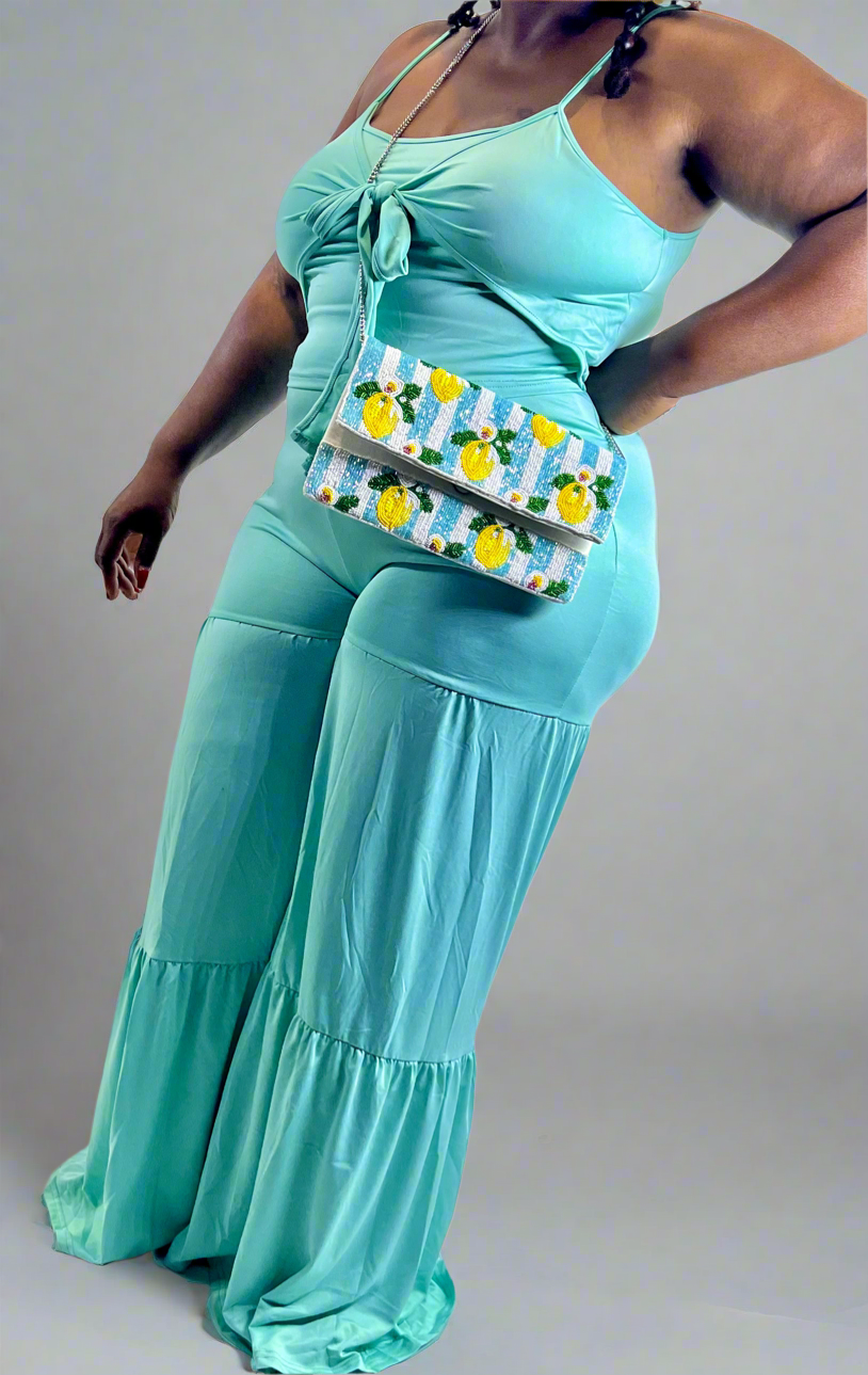 Tie front top wide leg pants set “7even Sleek”