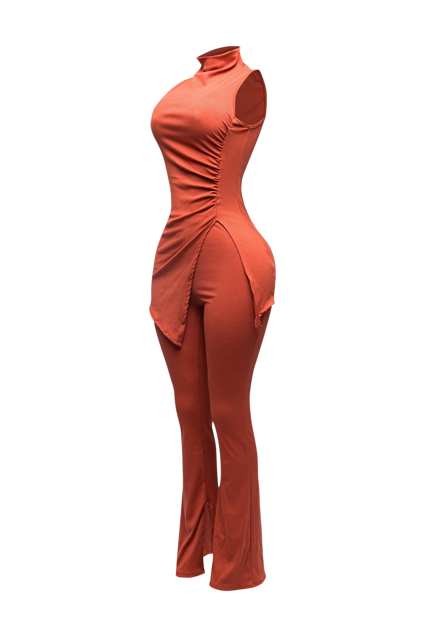 MOCK NECK SLIT TOP AND FLARE PANT SET “7even Curve”