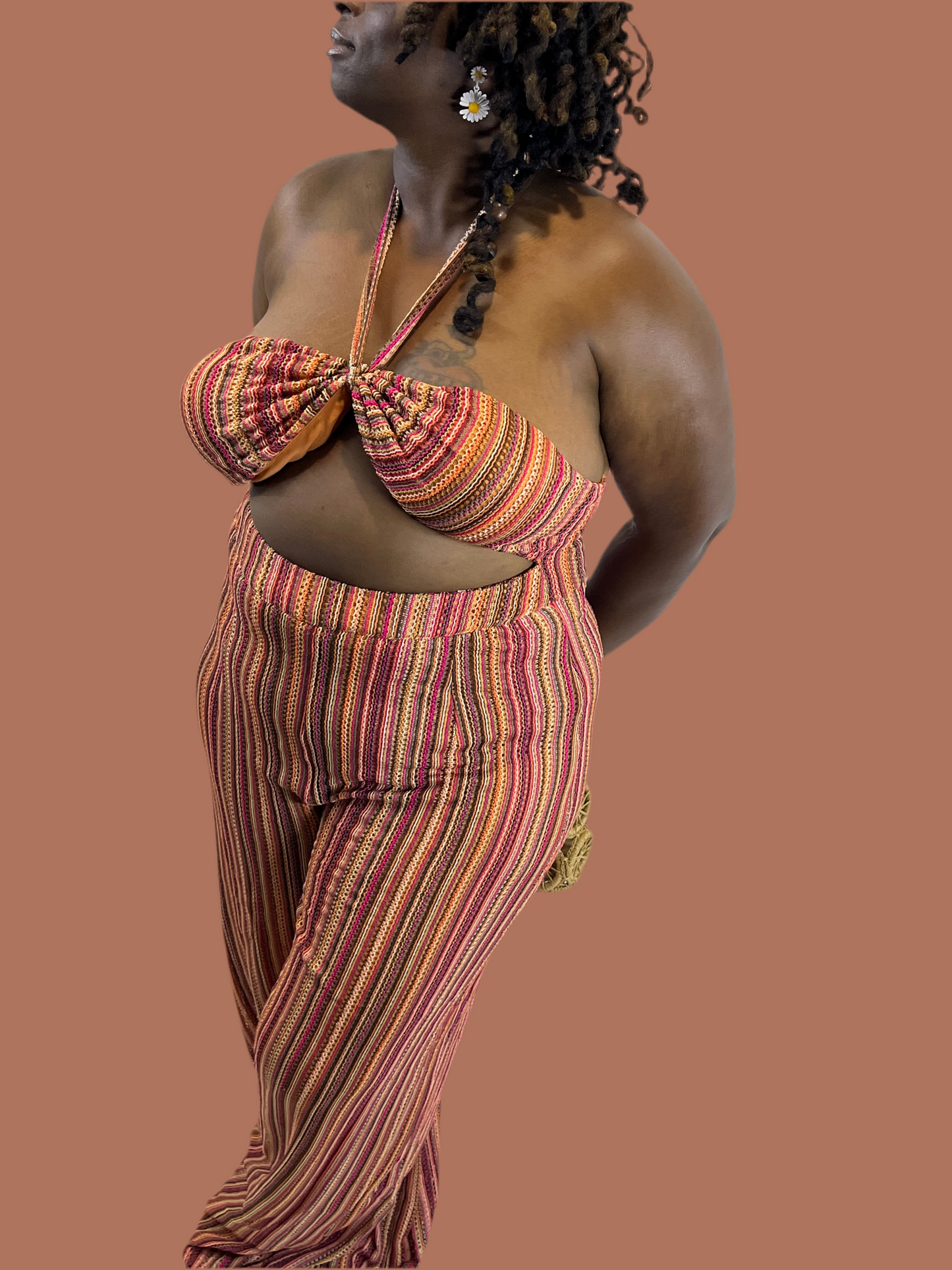 STRIPE CINCHED NECKLINE MATCHING WIDE LEG PANTS SET “7even Sleek”