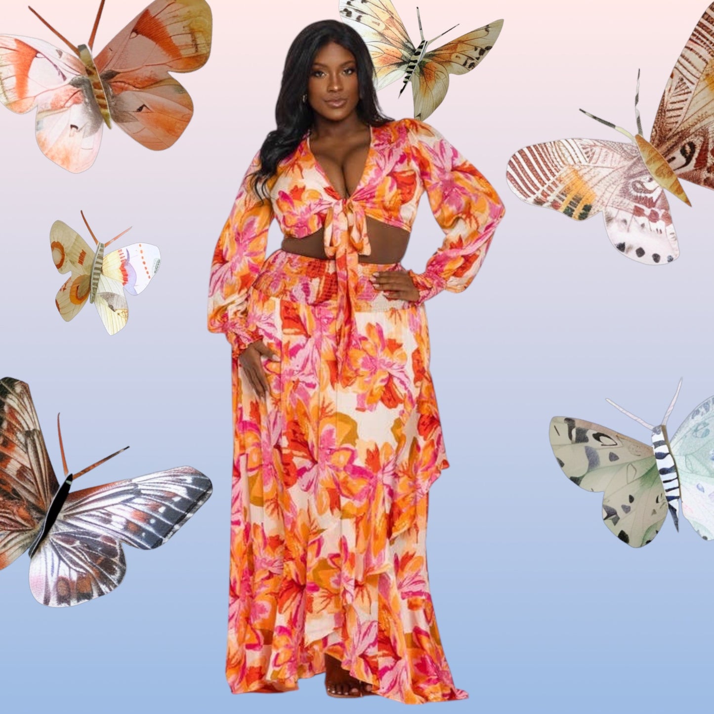 2Pc Printed Ultra-Short Tops & Maxi Dress “7even Curve”