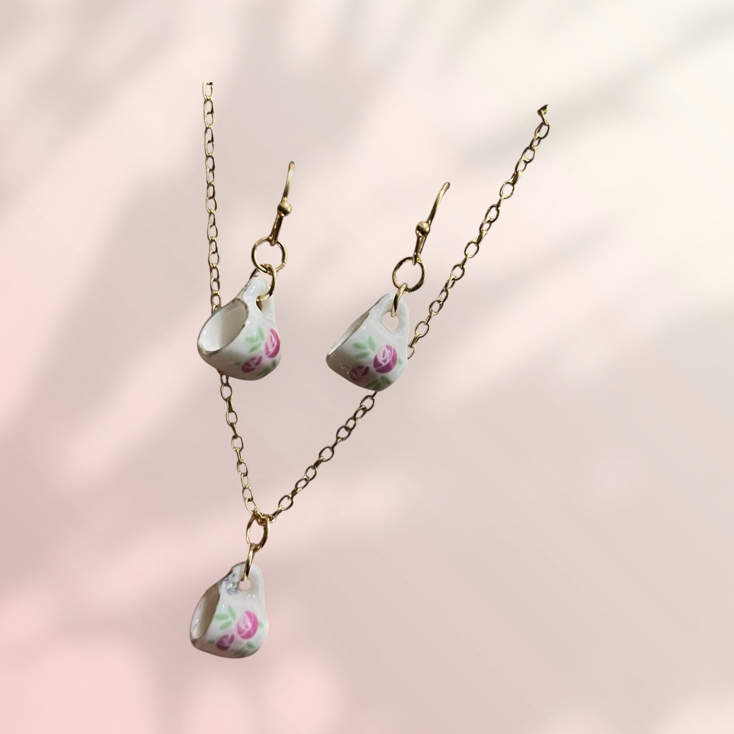 Pink White Ceramic Teacup Gold Necklace and earrings