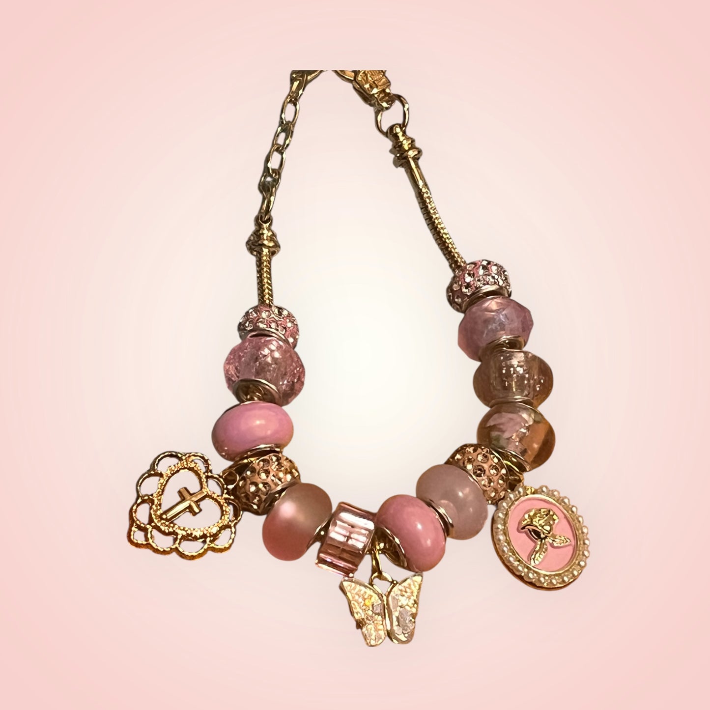 Handmade charm bracelet Pink/ w Gold charms