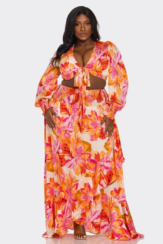 2Pc Printed Ultra-Short Tops & Maxi Dress “7even Curve”