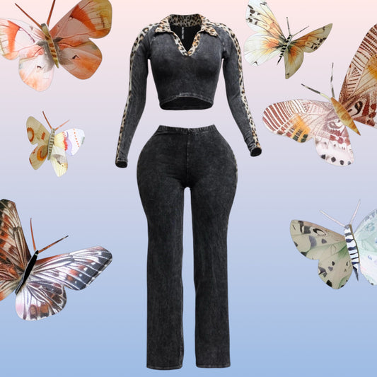 Mineral washed crop top & pants set “7even Curve”