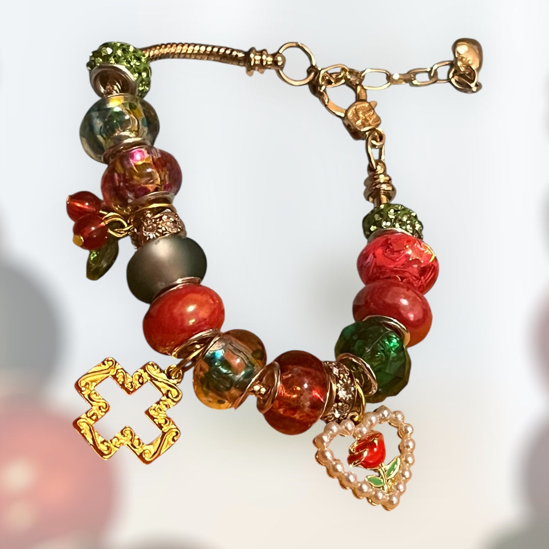 Handmade charm bracelet Red rose with heart