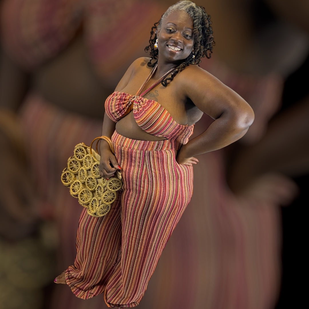 STRIPE CINCHED NECKLINE MATCHING WIDE LEG PANTS SET “7even Sleek”