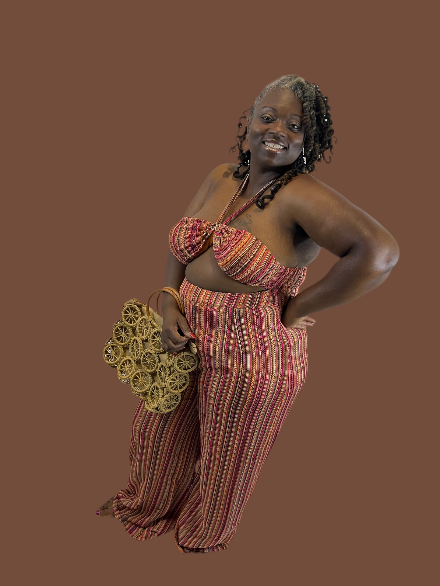 STRIPE CINCHED NECKLINE MATCHING WIDE LEG PANTS SET “7even Sleek”