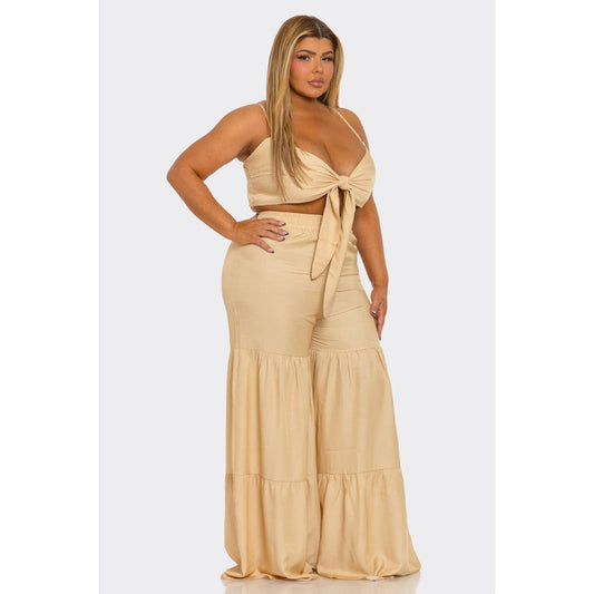 RUFFLE HEM WIDE LEG PANTS SET “7even Sleek”