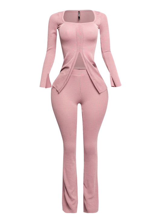 Ribbed pant set with slit detail “7even Curve”