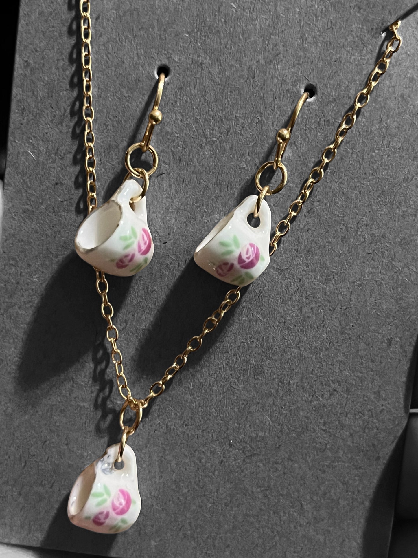 Pink White Ceramic Teacup Gold Necklace and earrings