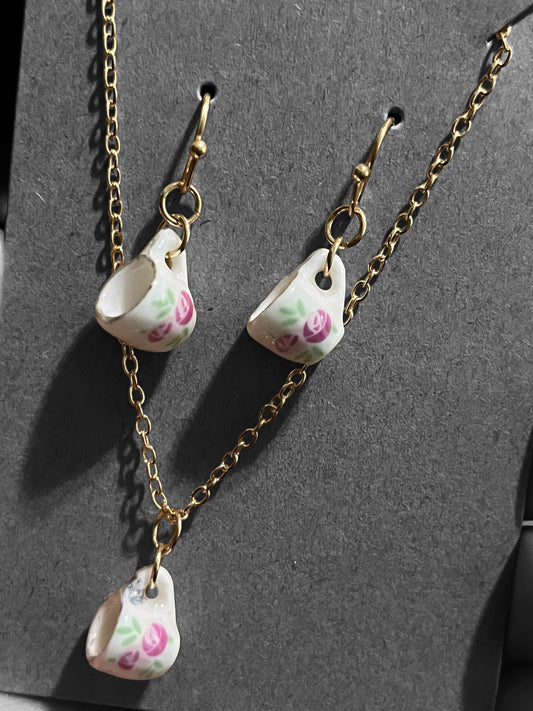 Pink White Ceramic Teacup Gold Necklace and earrings