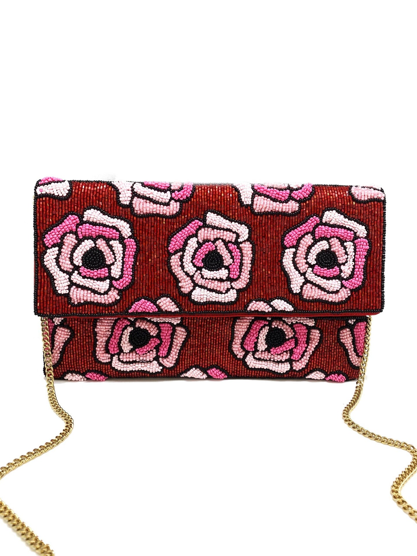 RED BEADED CLUTCH WITH PINK BEADED ROSES