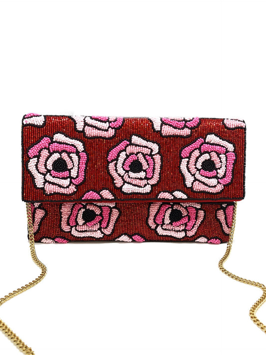 RED BEADED CLUTCH WITH PINK BEADED ROSES