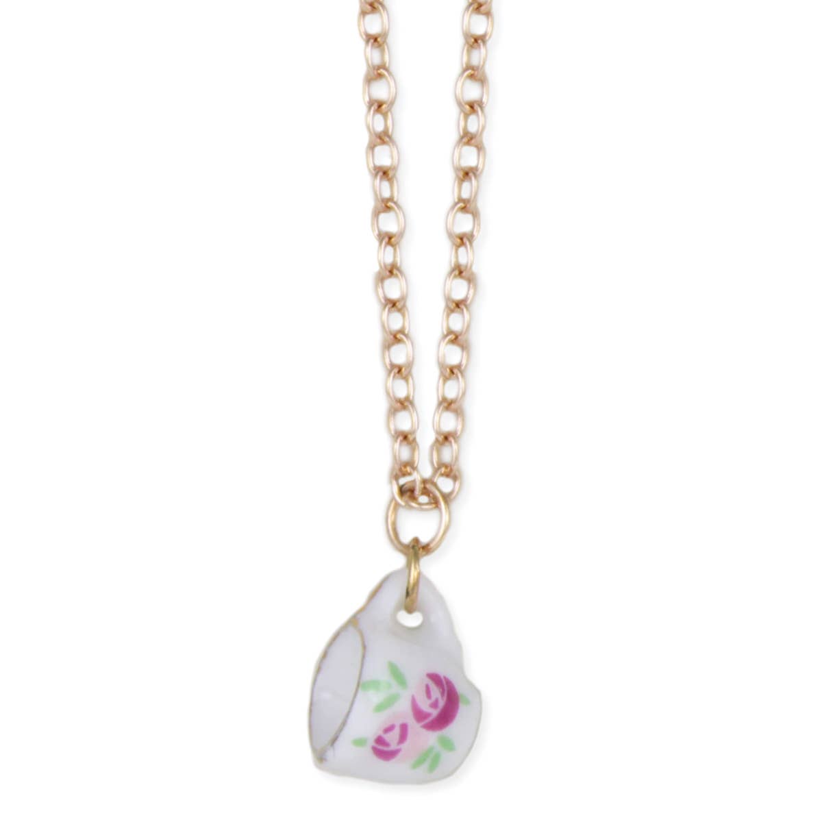 Pink White Ceramic Teacup Gold Necklace and earrings