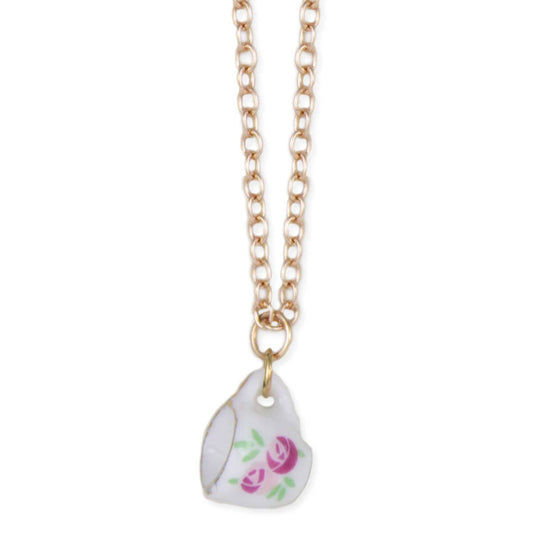 Pink White Ceramic Teacup Gold Necklace and earrings