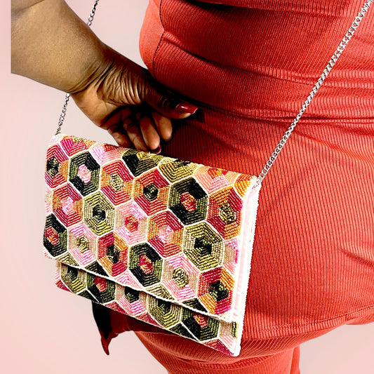 HEXAGONAL ARTIST SERIES DOUBLE SIDED BEADED CLUTCH