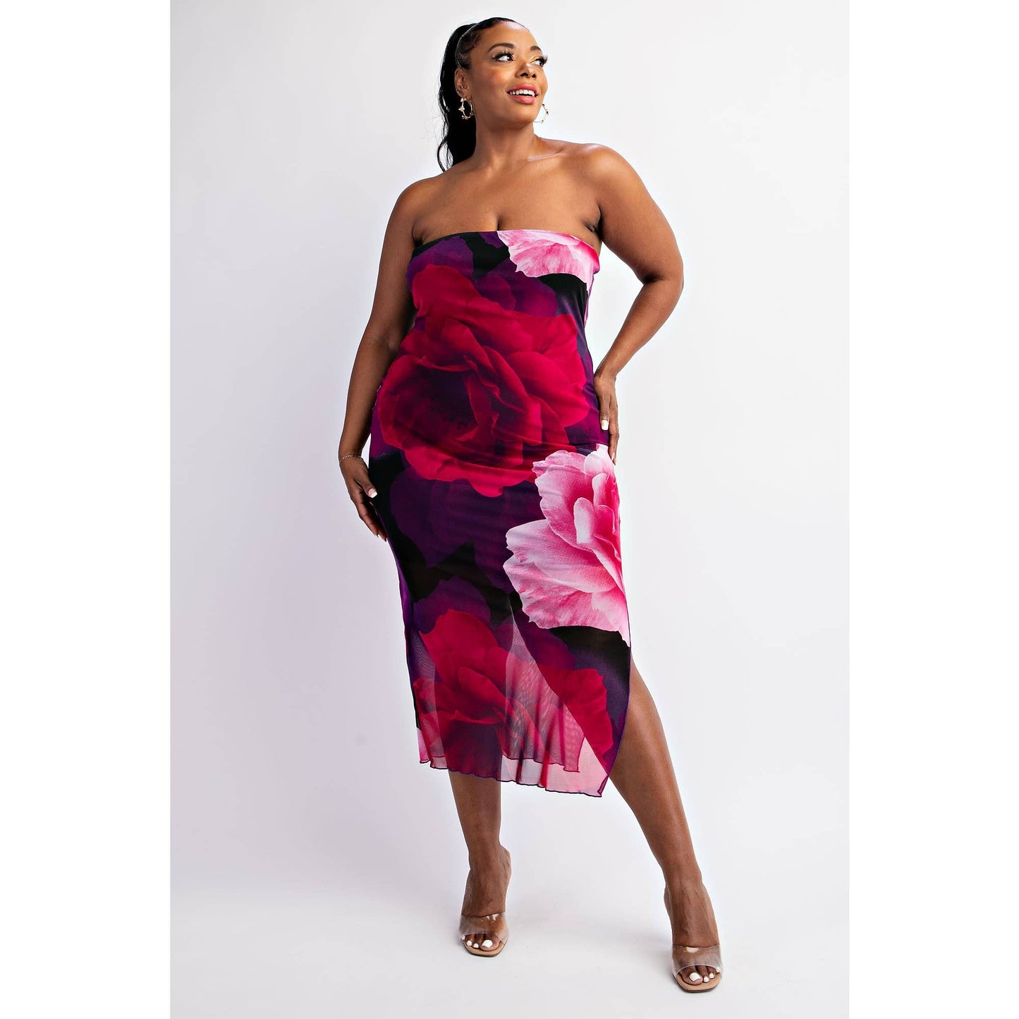 MESH PRINT STRAPLESS DRESS WITH SLIT “7even Curves”