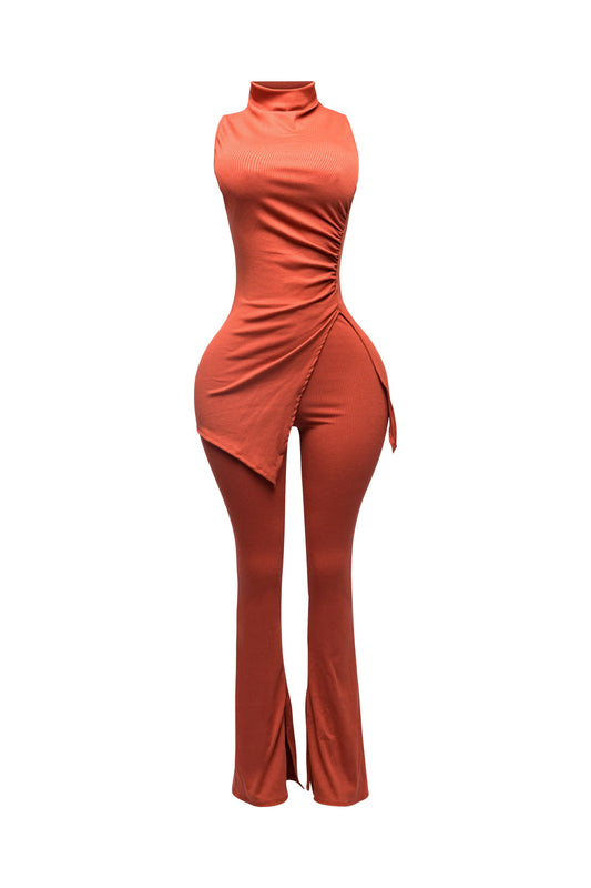 MOCK NECK SLIT TOP AND FLARE PANT SET “7even Curve”