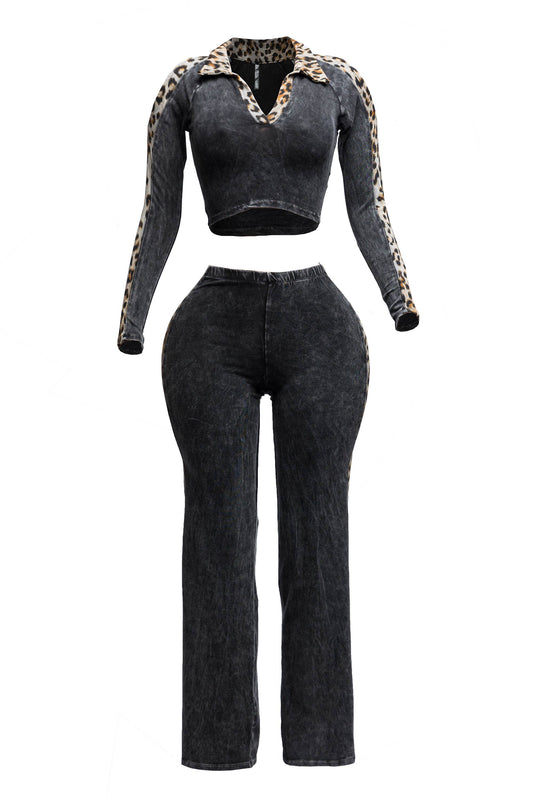 Mineral washed crop top & pants set “7even Curve”