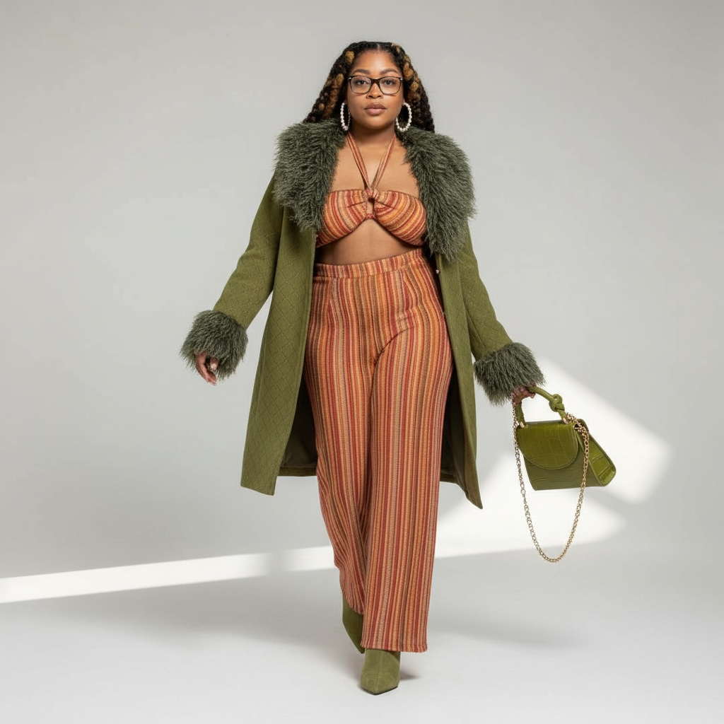 STRIPE CINCHED NECKLINE MATCHING WIDE LEG PANTS SET “7even Sleek”