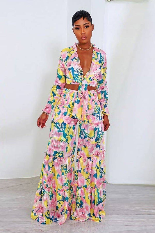 BOLD PRINTED WIDE-LEG PLEATED LACE LONG-SLEEVED SUIT “7even Curve “
