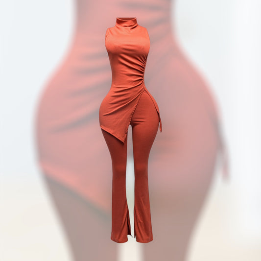 MOCK NECK SLIT TOP AND FLARE PANT SET “7even Curve”