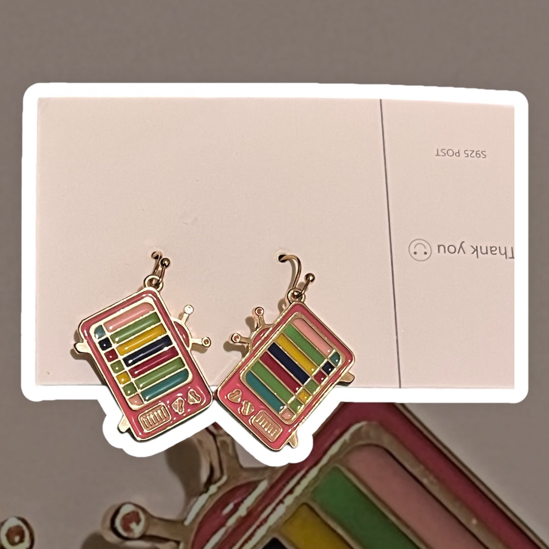 Retro Television Enamel Pendant Hook Earrings