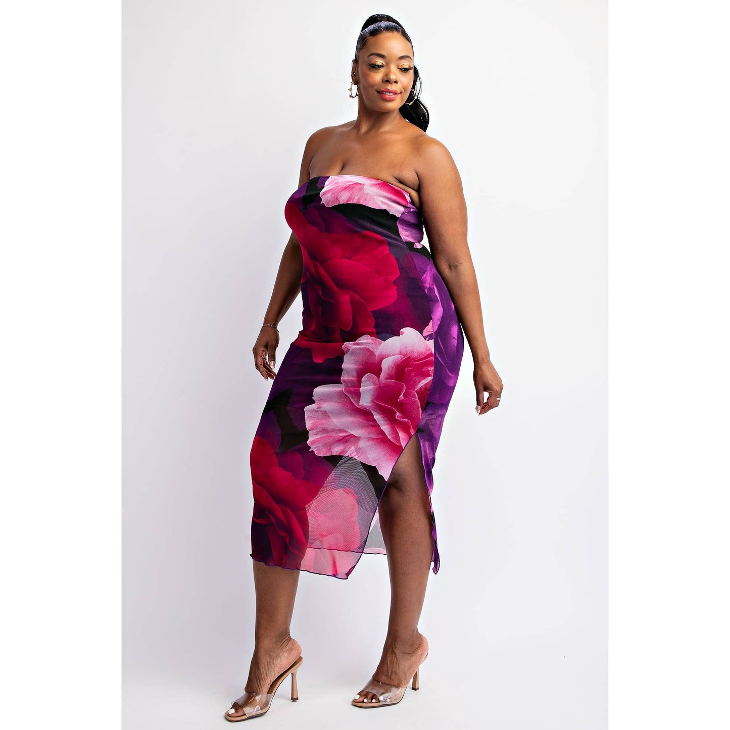 MESH PRINT STRAPLESS DRESS WITH SLIT “7even Curves”