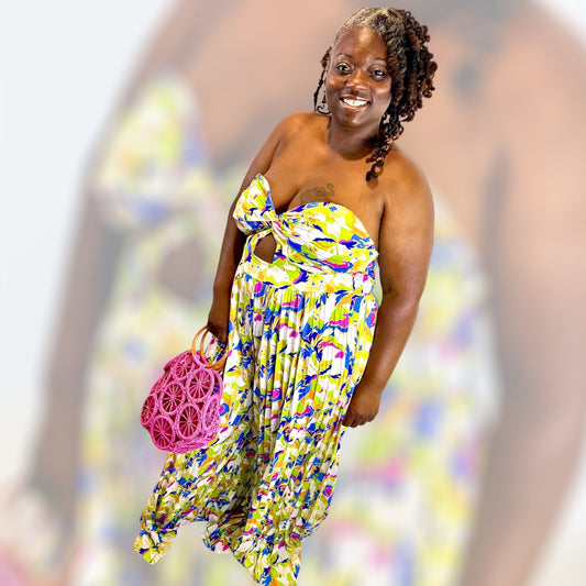 Pure Color Off-Shoulder Pleated Wide-Leg Jumpsuit “7even Sleek”