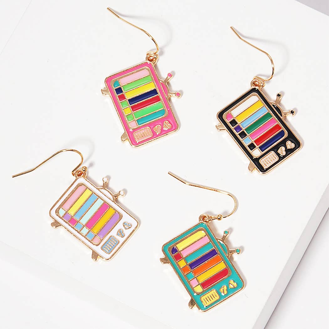 Retro Television Enamel Pendant Hook Earrings