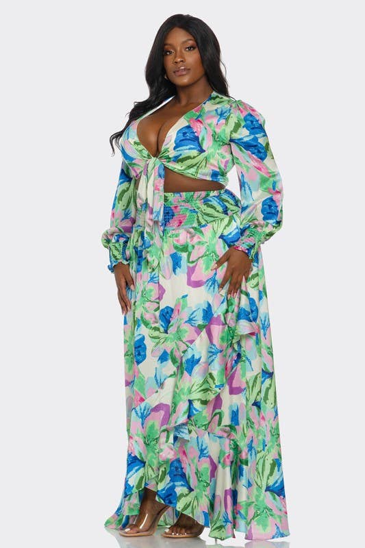 2Pc Printed Ultra-Short Tops & Maxi Dress “7even Curve”