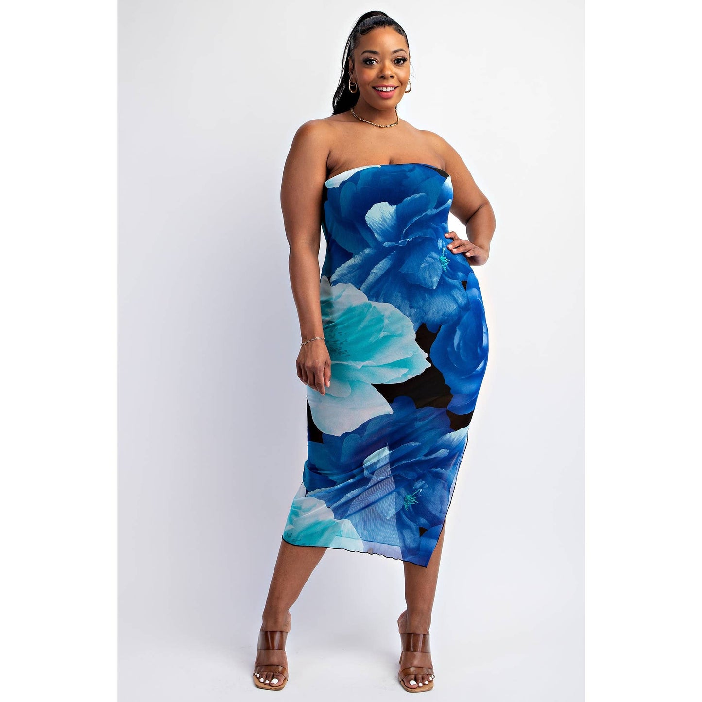 MESH PRINT STRAPLESS DRESS WITH SLIT “7even Curves”