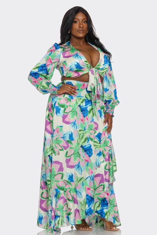 2Pc Printed Ultra-Short Tops & Maxi Dress “7even Curve”