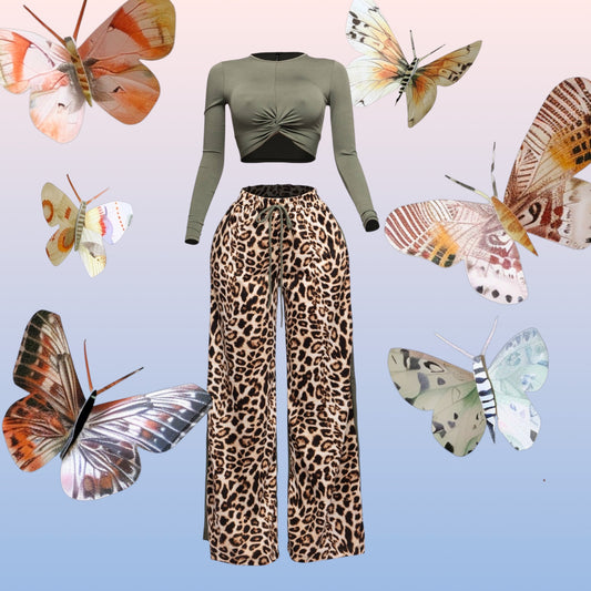 Long sleeve top and wide leg pants set “7even Curve”