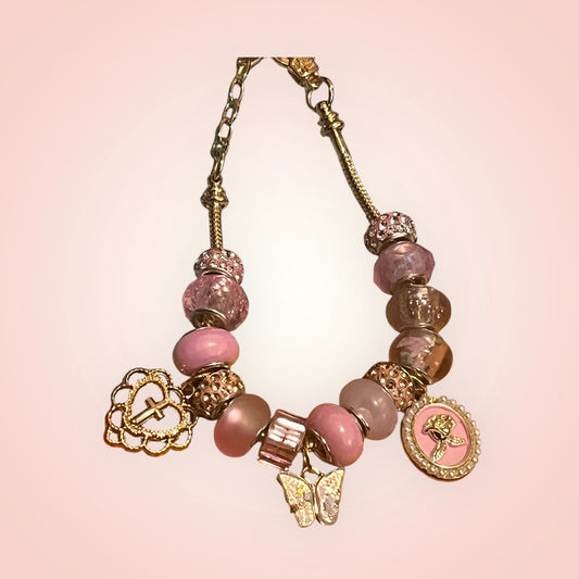 Handmade charm bracelet Pink/ w Gold charms