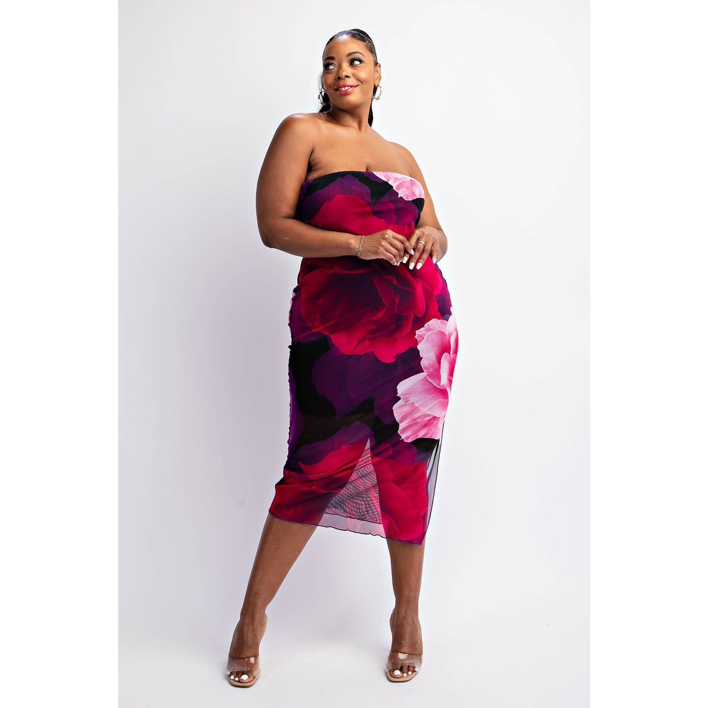MESH PRINT STRAPLESS DRESS WITH SLIT “7even Curves”
