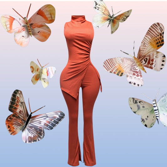 MOCK NECK SLIT TOP AND FLARE PANT SET “7even Curve”