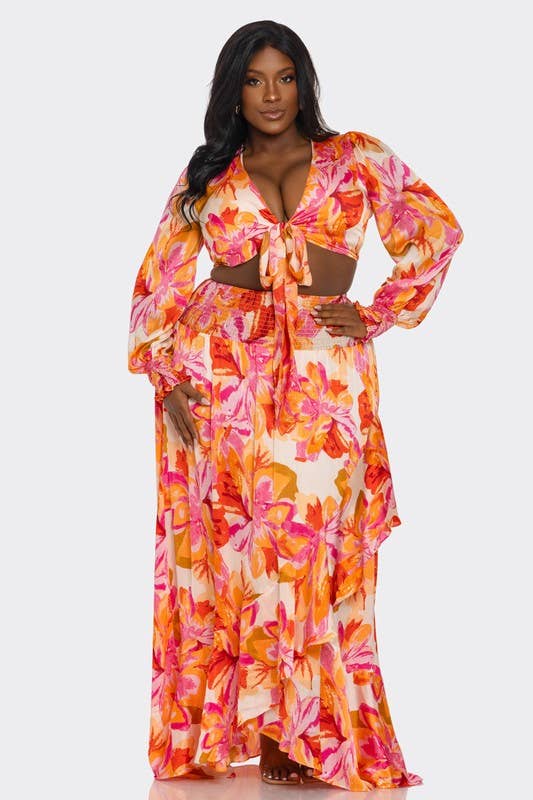 2Pc Printed Ultra-Short Tops & Maxi Dress “7even Curve”