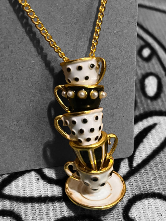 Mad Hatter Black Teacup Stack Gold Necklace