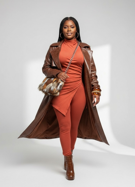 MOCK NECK SLIT TOP AND FLARE PANT SET “7even Curve”