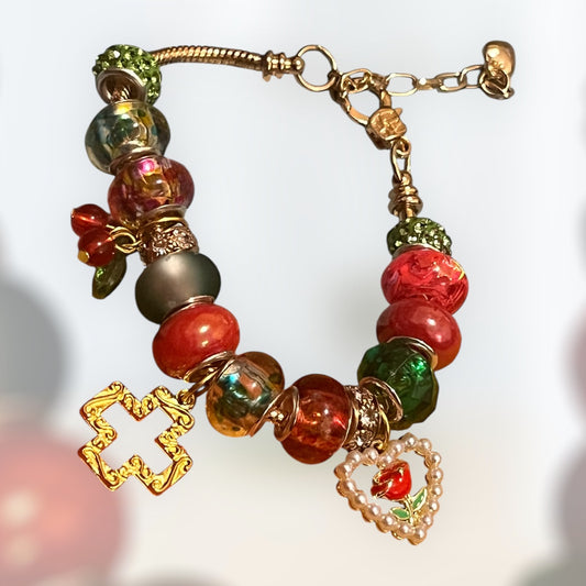 Handmade charm bracelet Red rose with heart
