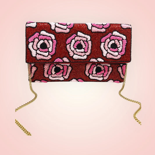 RED BEADED CLUTCH WITH PINK BEADED ROSES