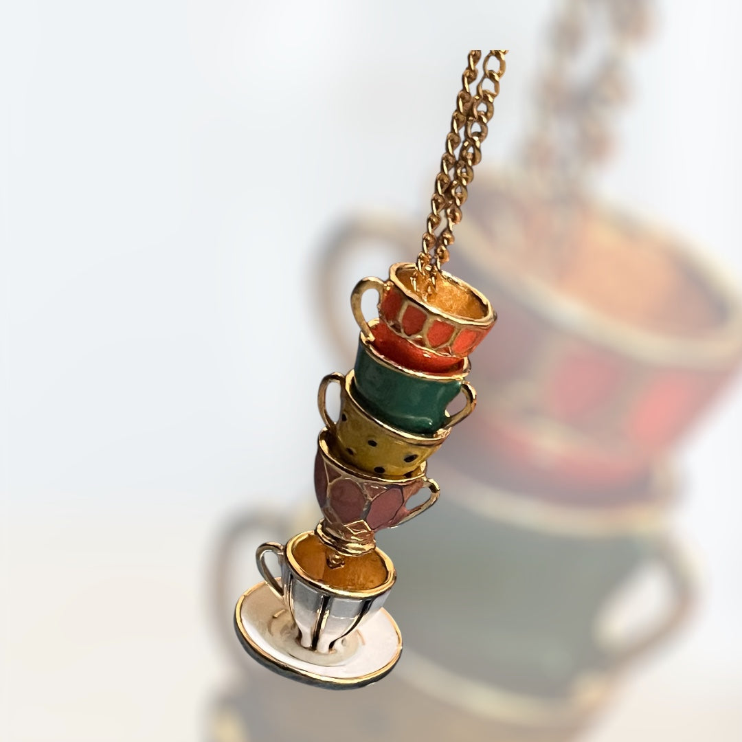 Mad Hatter Pastel Teacup Stack Gold Necklace