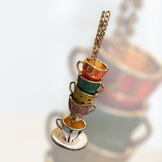 Mad Hatter Pastel Teacup Stack Gold Necklace