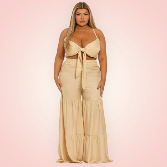 RUFFLE HEM WIDE LEG PANTS SET “7even Sleek”