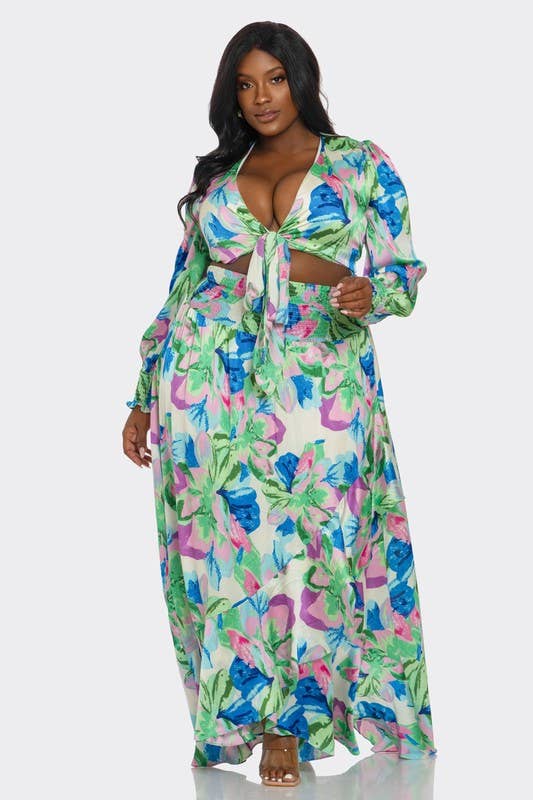 2Pc Printed Ultra-Short Tops & Maxi Dress “7even Curve”