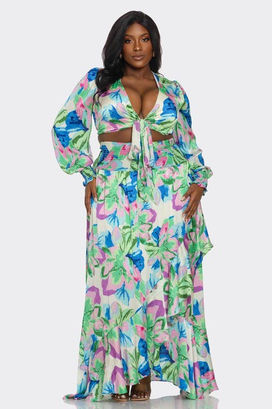 2Pc Printed Ultra-Short Tops & Maxi Dress “7even Curve”