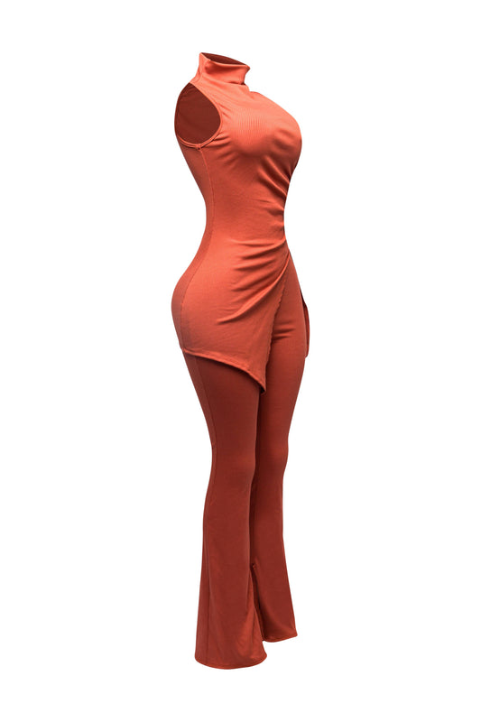 MOCK NECK SLIT TOP AND FLARE PANT SET “7even Curve”